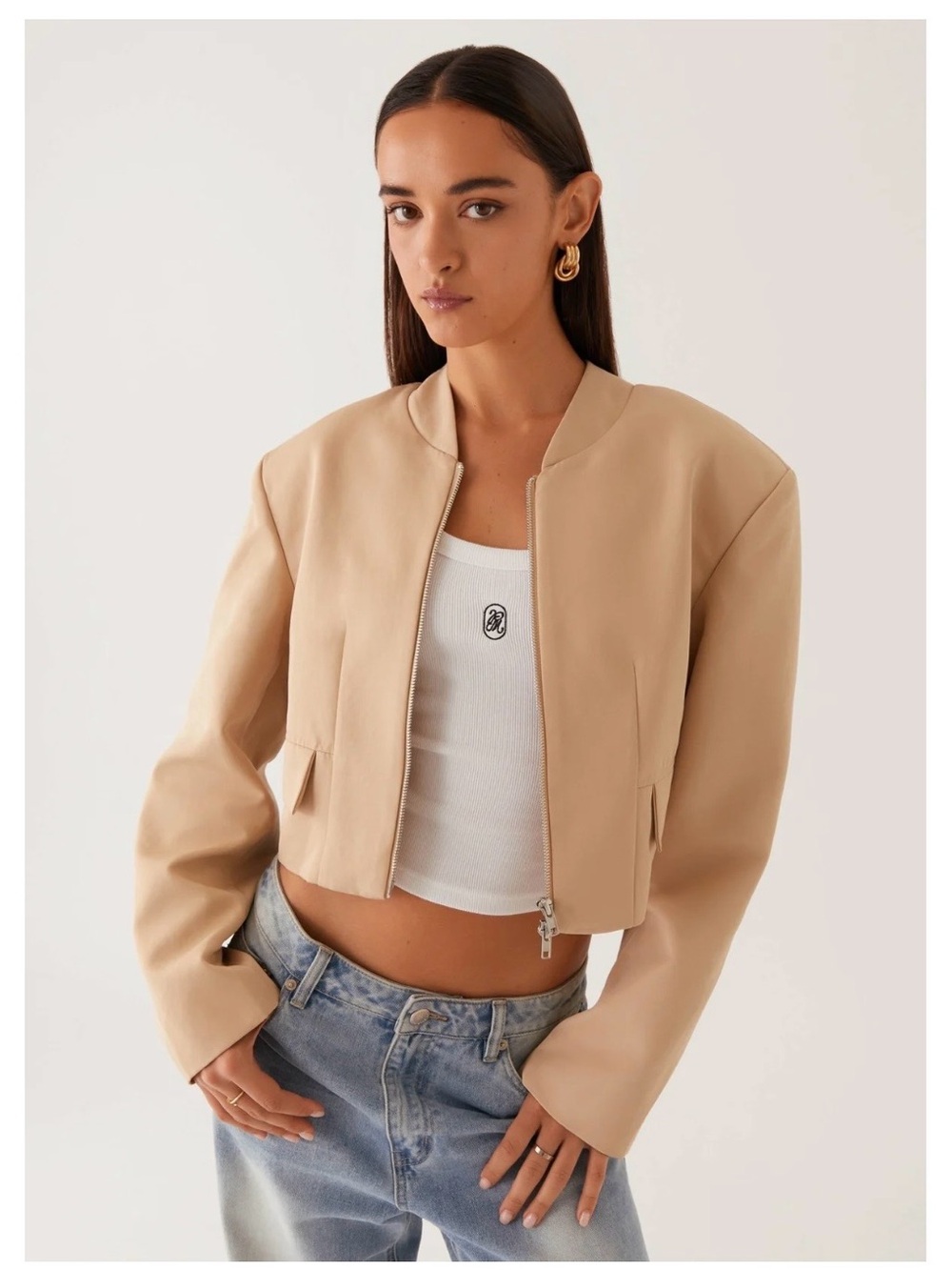 Peppermayo Cropped Beige Bomber Jacket